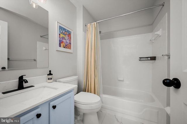 bathroom featuring toilet, marble finish floor, shower / bathtub combination with curtain, and vanity