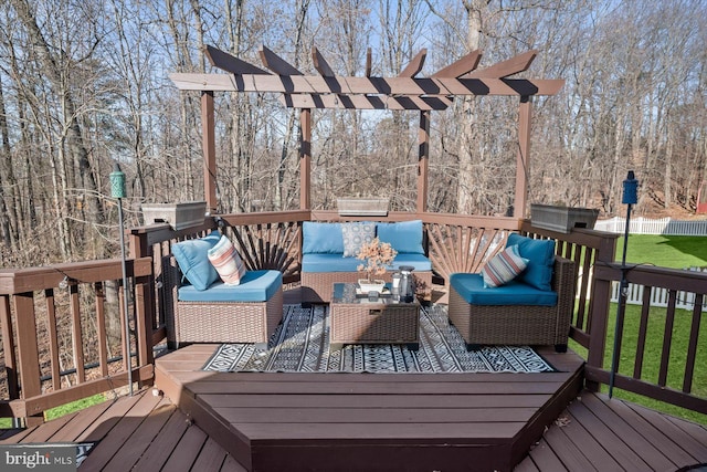 wooden terrace featuring outdoor lounge area