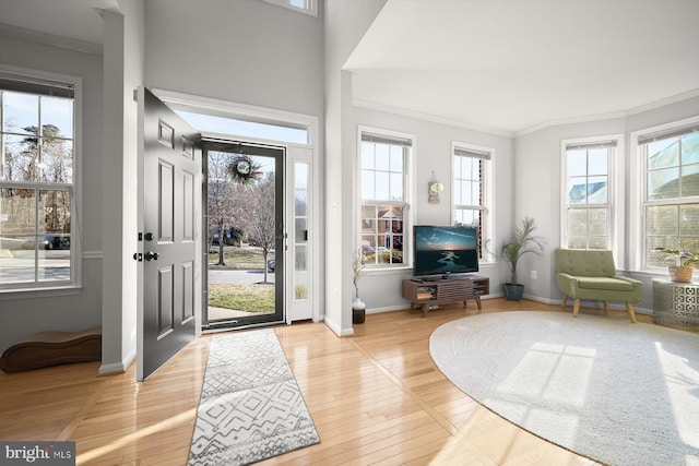 foyer entrance with wood-type flooring, crown molding, and baseboards