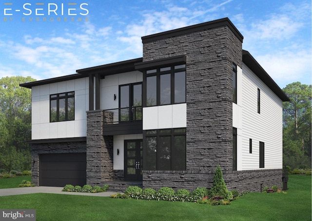 contemporary house with driveway, stone siding, an attached garage, a front yard, and a balcony