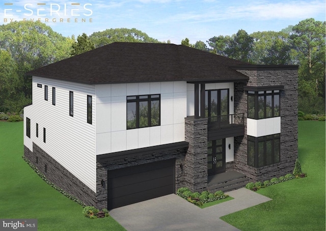 view of front of property featuring french doors, stone siding, a balcony, and a front yard