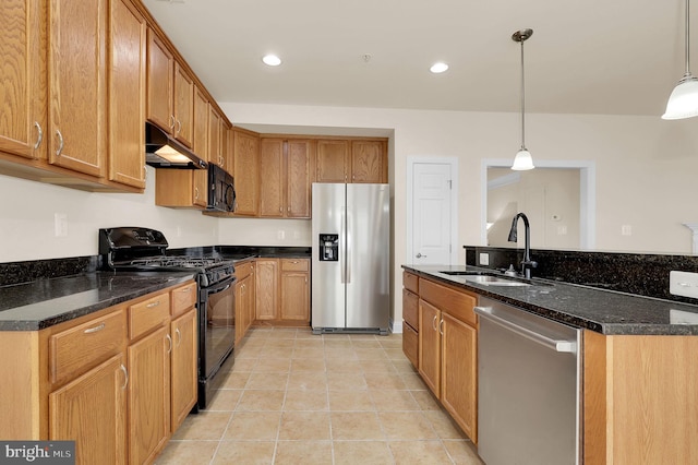 kitchen with light tile patterned floors, under cabinet range hood, black appliances, a sink, and recessed lighting