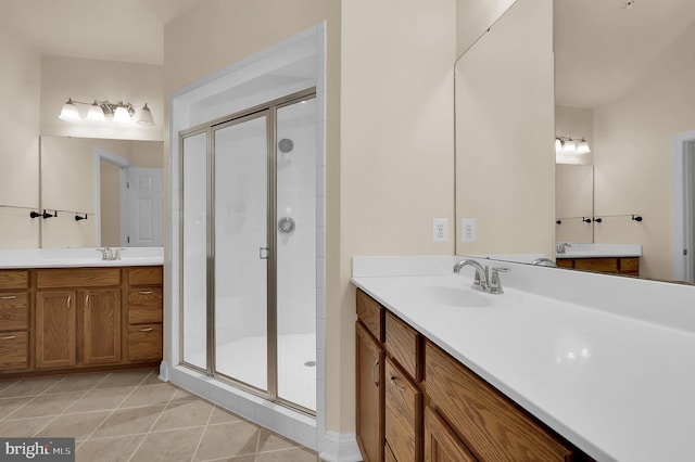 full bath with a stall shower, tile patterned flooring, and a sink