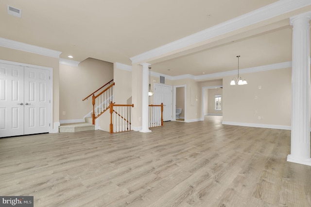 unfurnished living room with stairway, light wood-type flooring, visible vents, and baseboards