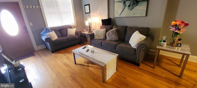 living room with baseboards and wood finished floors