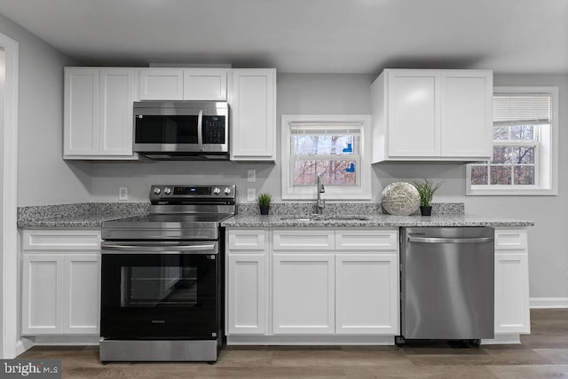 kitchen with stainless steel appliances, white cabinetry, a sink, light stone countertops, and plenty of natural light