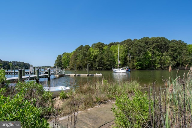 view of water feature with a floating dock