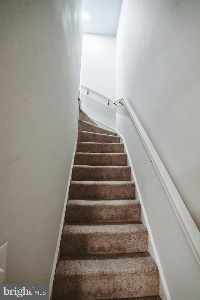 stairway with carpet floors and baseboards