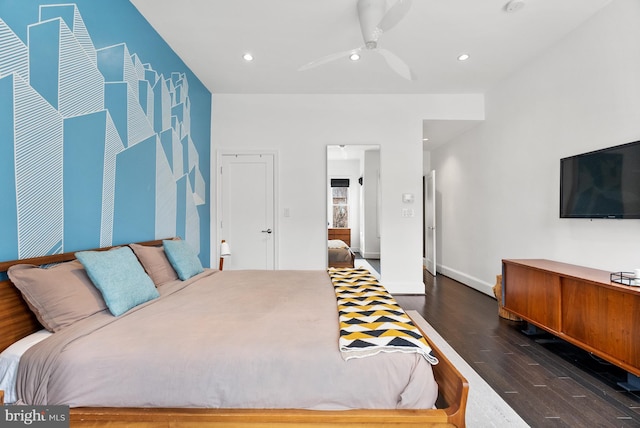 bedroom with baseboards, ceiling fan, wood finished floors, and recessed lighting