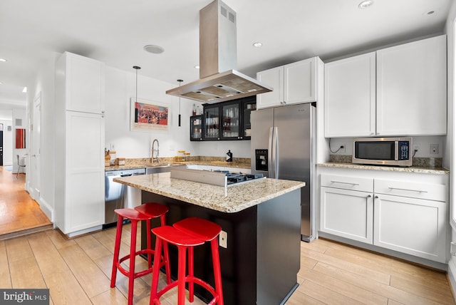 kitchen with light wood finished floors, white cabinetry, island range hood, and stainless steel appliances