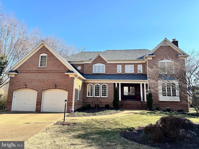 traditional home featuring a garage, brick siding, concrete driveway, a chimney, and a front yard