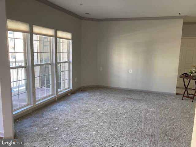 carpeted empty room featuring baseboards, ornamental molding, and a wealth of natural light