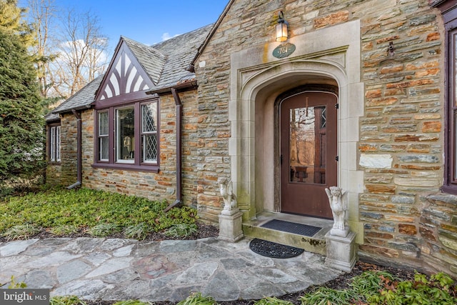 property entrance featuring stone siding