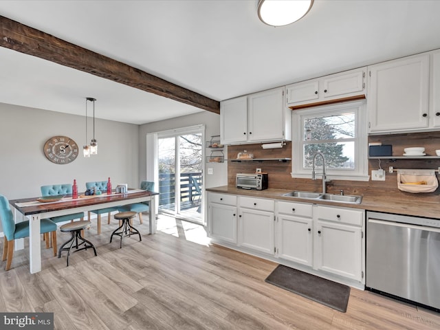 kitchen featuring a sink, decorative backsplash, dishwasher, and light wood finished floors