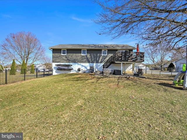 back of house with a wooden deck, a yard, a fenced backyard, stairs, and central air condition unit