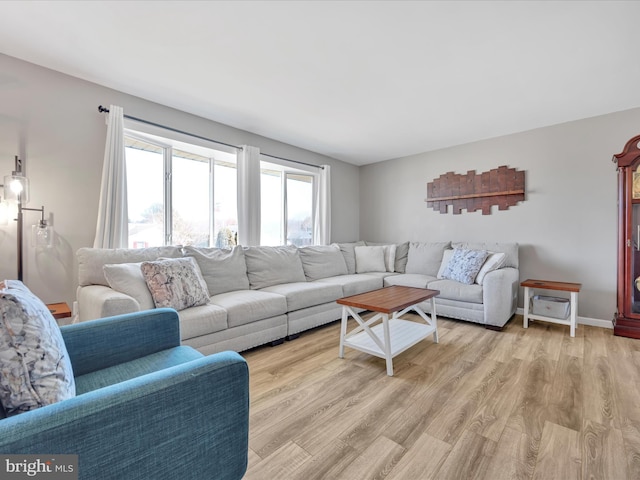 living area featuring baseboards and light wood-style floors