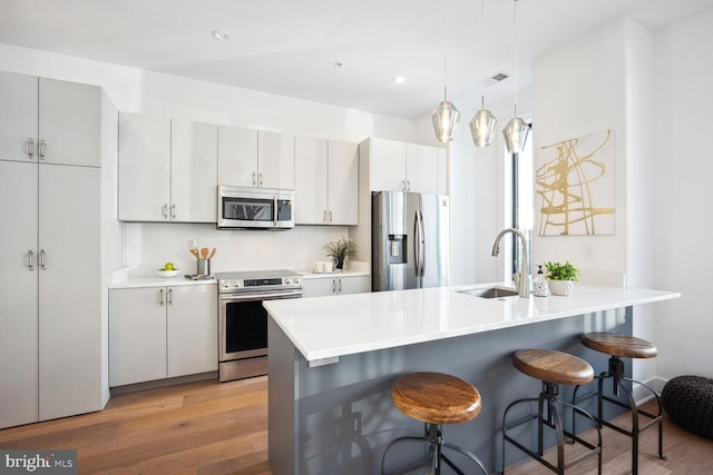 kitchen with a sink, white cabinetry, stainless steel appliances, and light countertops