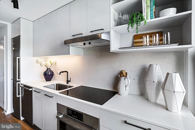 kitchen featuring appliances with stainless steel finishes, light countertops, under cabinet range hood, open shelves, and a sink