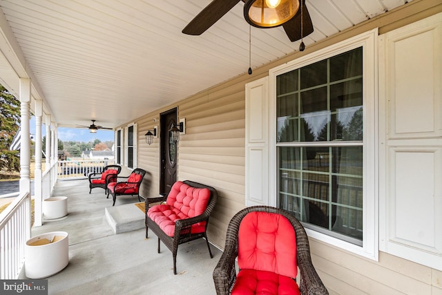 view of patio / terrace featuring ceiling fan and a porch