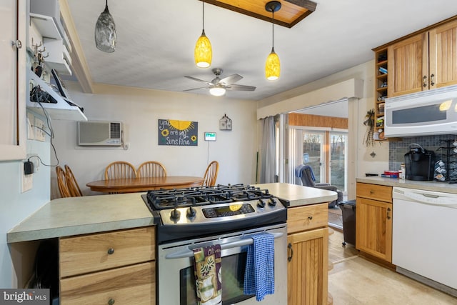 kitchen featuring white appliances, light countertops, hanging light fixtures, open shelves, and a wall mounted air conditioner