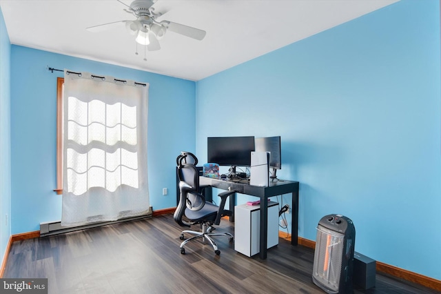 office space featuring ceiling fan, baseboard heating, wood finished floors, and baseboards