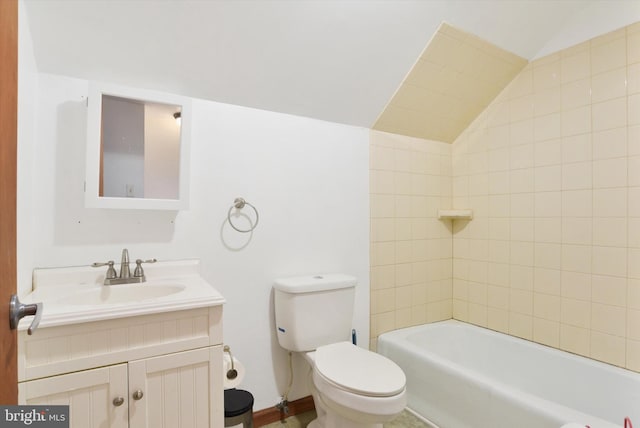 full bath featuring vaulted ceiling, vanity, and toilet