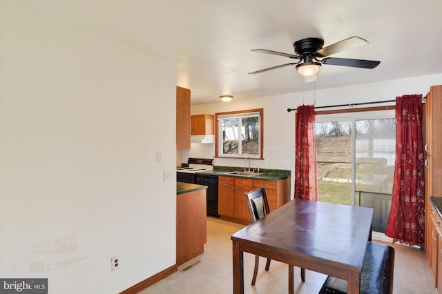 kitchen with a wealth of natural light, dark countertops, and dishwasher