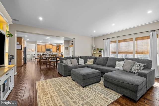 living area featuring recessed lighting and dark wood-style flooring