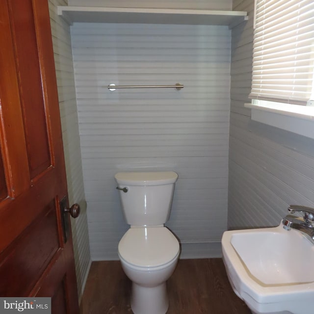 bathroom with a sink, toilet, and wood finished floors