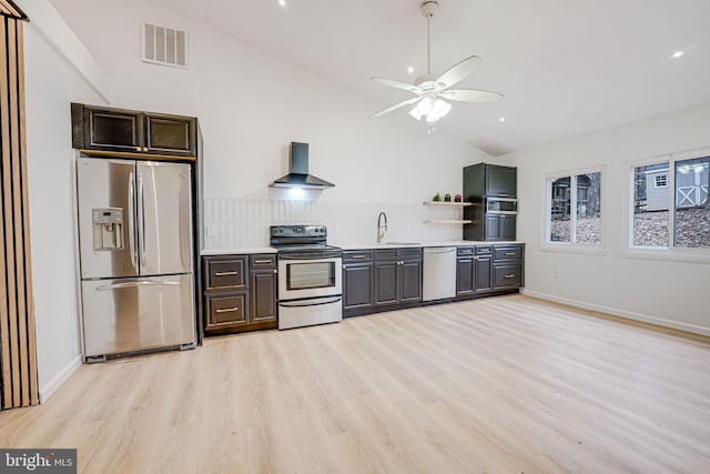 kitchen featuring visible vents, wall chimney exhaust hood, appliances with stainless steel finishes, light countertops, and open shelves