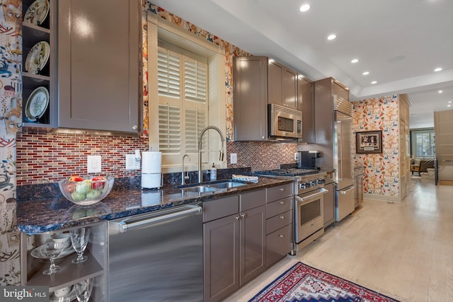 kitchen with open shelves, light wood-type flooring, high quality appliances, and a sink