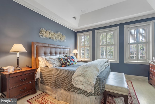 bedroom featuring a tray ceiling, baseboards, and visible vents