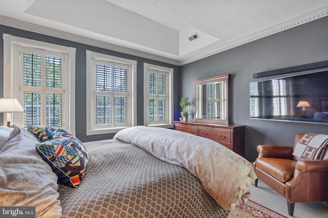 bedroom featuring visible vents and a tray ceiling