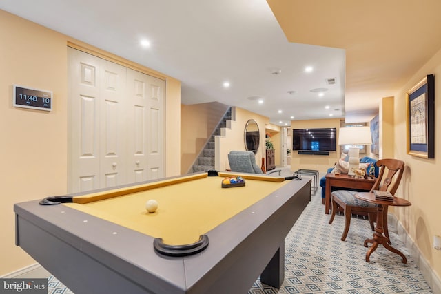 recreation room featuring visible vents, recessed lighting, pool table, and carpet flooring