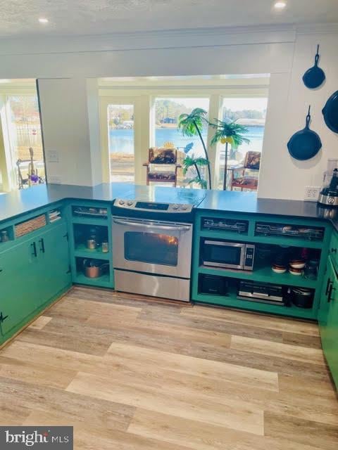 kitchen with light wood-type flooring, plenty of natural light, and electric stove