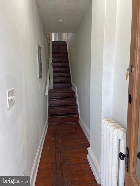 stairway featuring radiator heating unit, baseboards, and wood finished floors