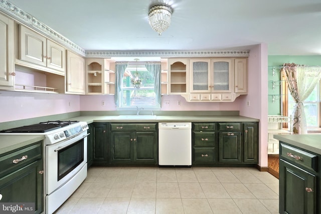 60 Fernwood Ln, Fairfield, PA 17320 - kitchen with white appliances, open shelves, green cabinets, and light tile patterned floors
