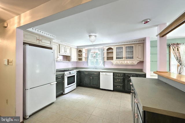 60 Fernwood Ln, Fairfield, PA 17320 - kitchen with white appliances, open shelves, light tile patterned floors, a sink, and dark countertops