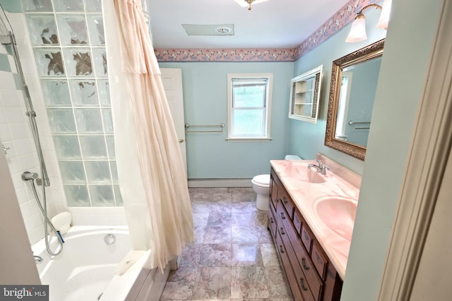 60 Fernwood Ln, Fairfield, PA 17320 - full bath with a baseboard radiator, double vanity, toilet, shower / bath combo with shower curtain, and marble look tile flooring