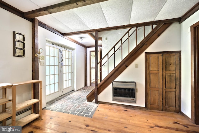 60 Fernwood Ln, Fairfield, PA 17320 - entrance foyer with heating unit, stairway, hardwood / wood-style flooring, and beam ceiling