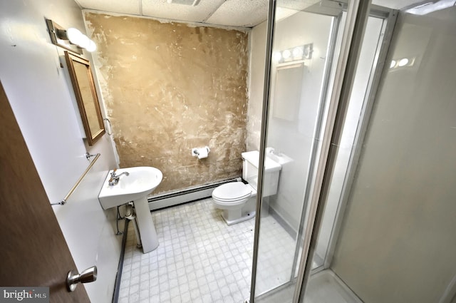 60 Fernwood Ln, Fairfield, PA 17320 - full bath with a shower stall, baseboard heating, tile patterned floors, toilet, and a drop ceiling