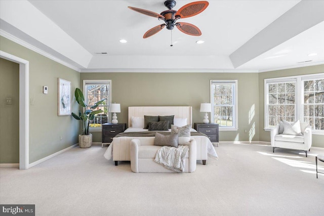 bedroom with carpet, baseboards, and a raised ceiling