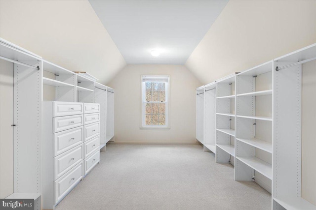 walk in closet with lofted ceiling and light colored carpet