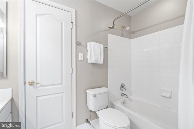 full bath with toilet, shower / bath combination with curtain, and vanity