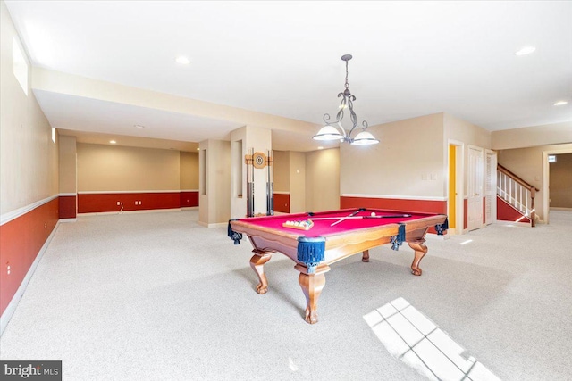 recreation room with pool table, carpet flooring, and recessed lighting