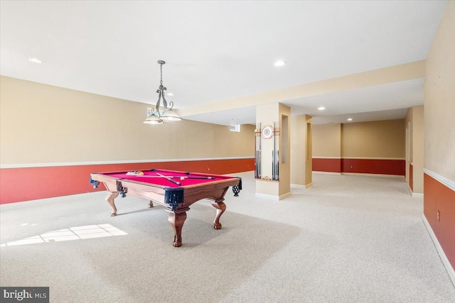 playroom featuring carpet, billiards, baseboards, and recessed lighting