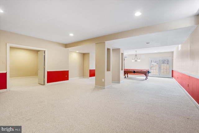 recreation room featuring baseboards, carpet floors, pool table, and recessed lighting