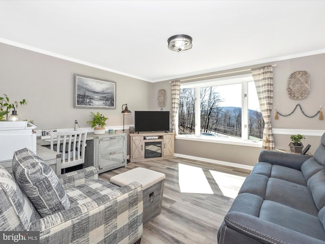 living area featuring light wood-style flooring, baseboards, and crown molding