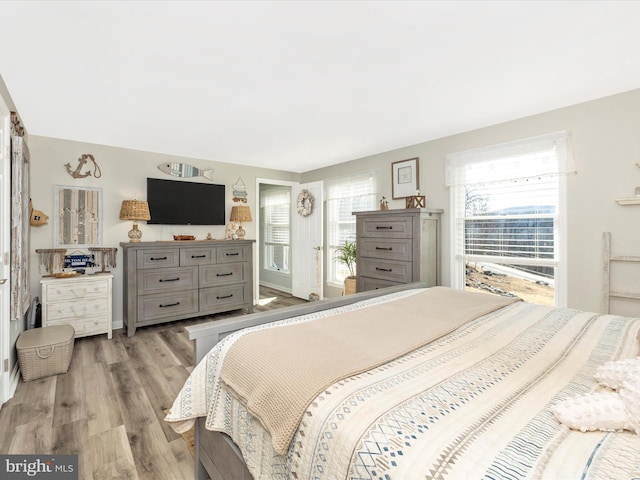 bedroom featuring baseboards, multiple windows, and light wood finished floors