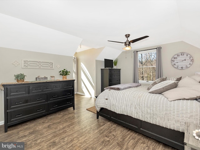 bedroom featuring lofted ceiling, ceiling fan, and wood finished floors